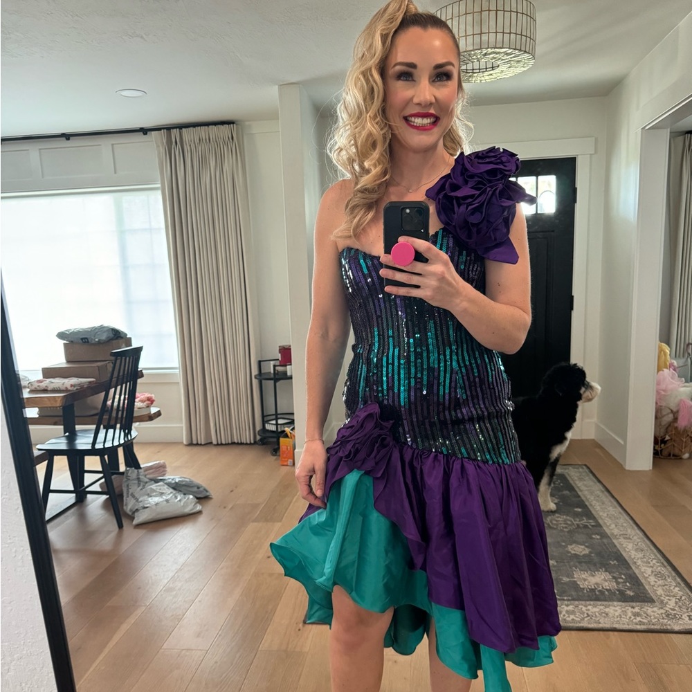 1980s 80s vintage sequins ruffled puff shoulder prom purple teal dress size 10